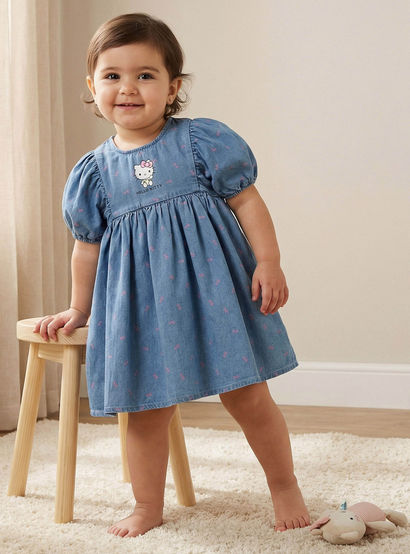 Sanrio Round Neck Short Sleeves Denim Dress with Hello Kitty Print-baby-girls-clothing-dressesandjumpsuits-image-1