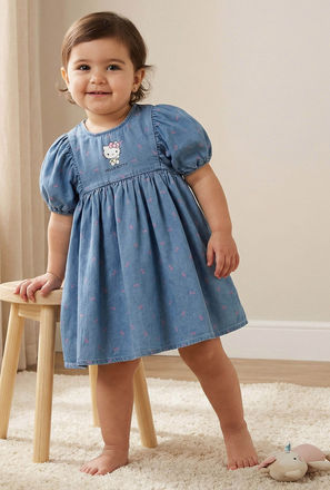 Sanrio Round Neck Short Sleeves Denim Dress with Hello Kitty Print