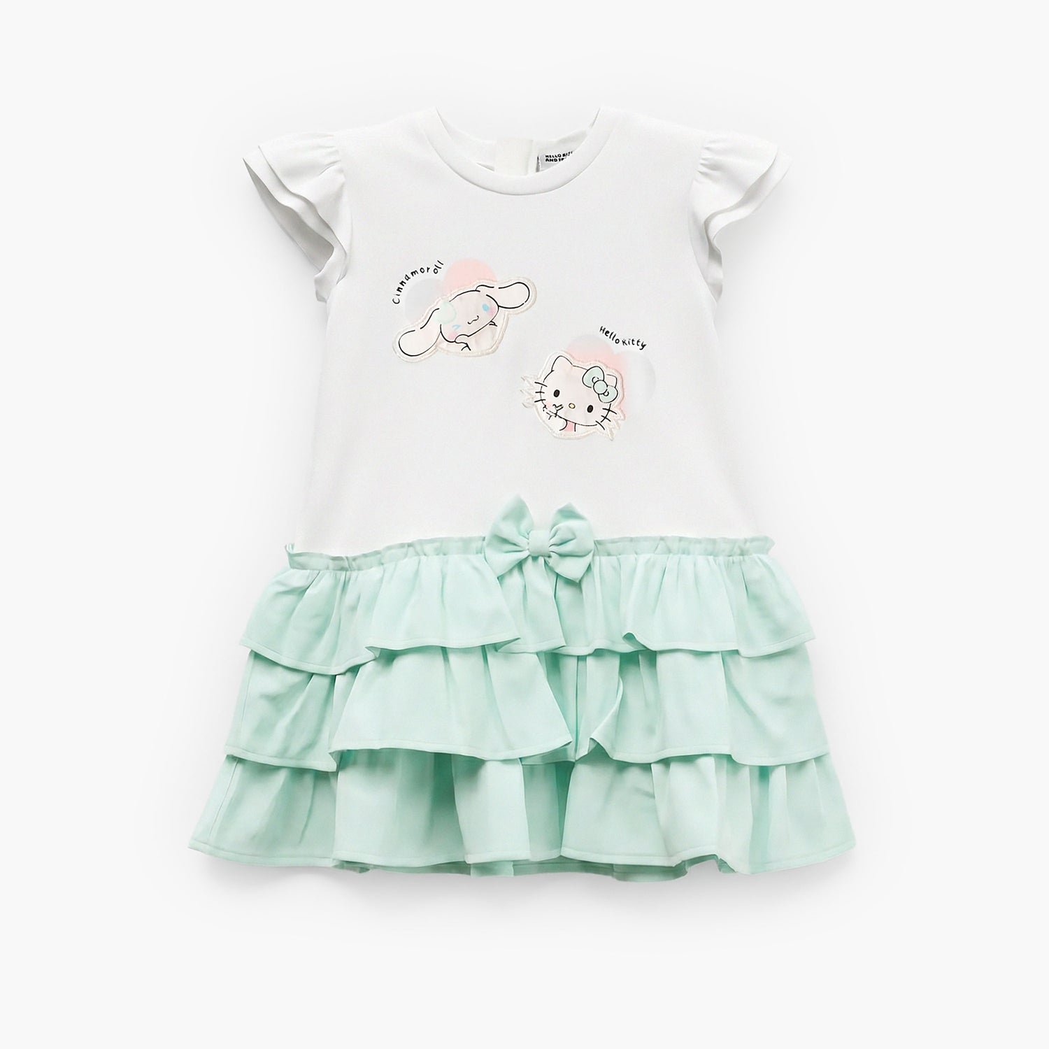 Sanrio Round Neck Short Sleeves Knee Length Tiered Dress with Hello Kitty Print - White / 18-24 mths