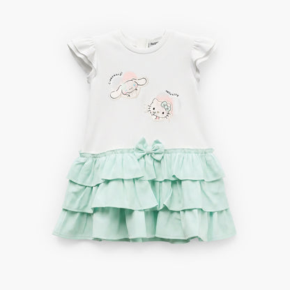 Sanrio Round Neck Short Sleeves Knee Length Tiered Dress with Hello Kitty Print - White / 18-24 mths