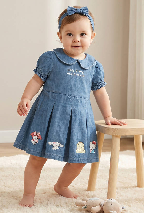 Sanrio Peter Pan Collar Short Sleeves Knee Length Denim Dress with Headband
