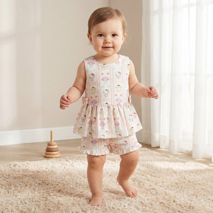 Sanrio Round Neck Sleeveless Top and Shorts Set with Hello Kitty and Friends Print - Cream / 12-18 mths