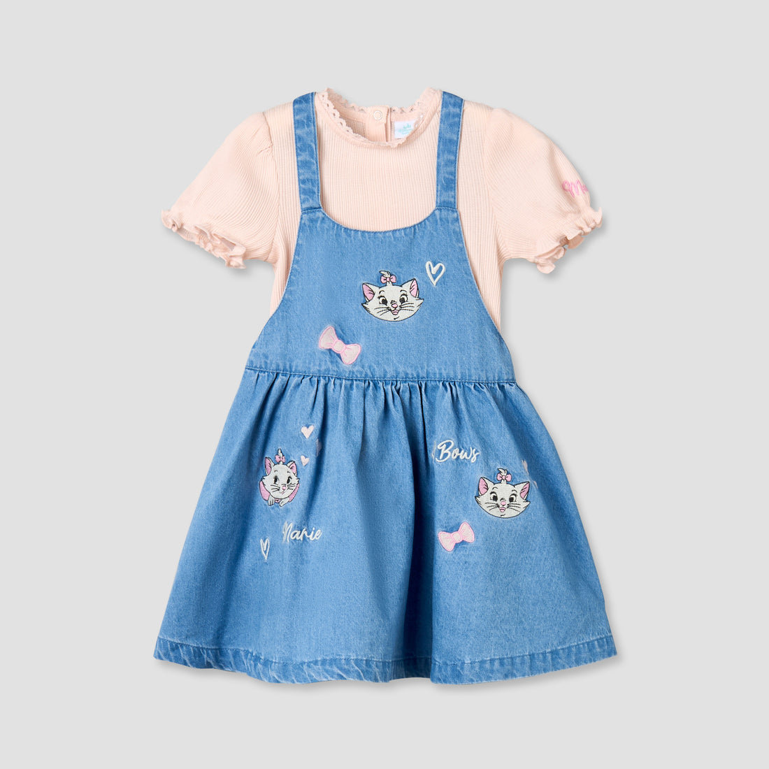 Disney Crew Neck Short Sleeves Top and Denim Pinafore Set with Marie Embroidery