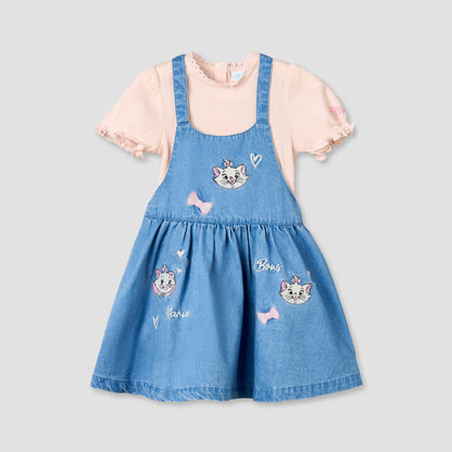 Disney Crew Neck Short Sleeves Top and Denim Pinafore Set with Marie Embroidery