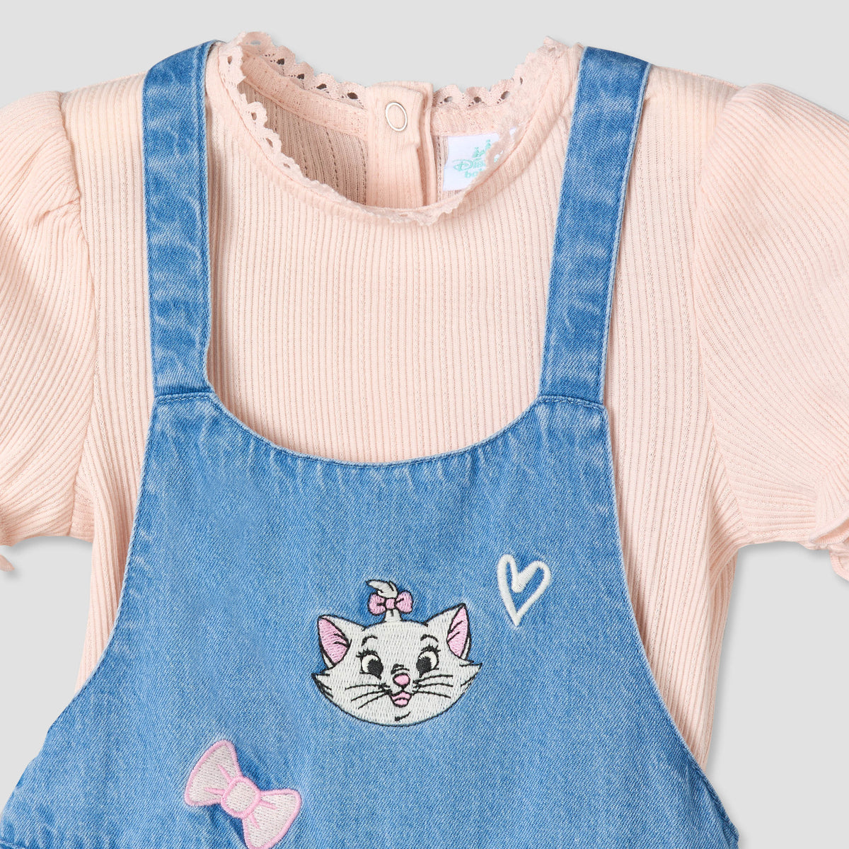 Disney Crew Neck Short Sleeves Top and Denim Pinafore Set with Marie Embroidery
