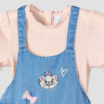 Disney Crew Neck Short Sleeves Top and Denim Pinafore Set with Marie Embroidery