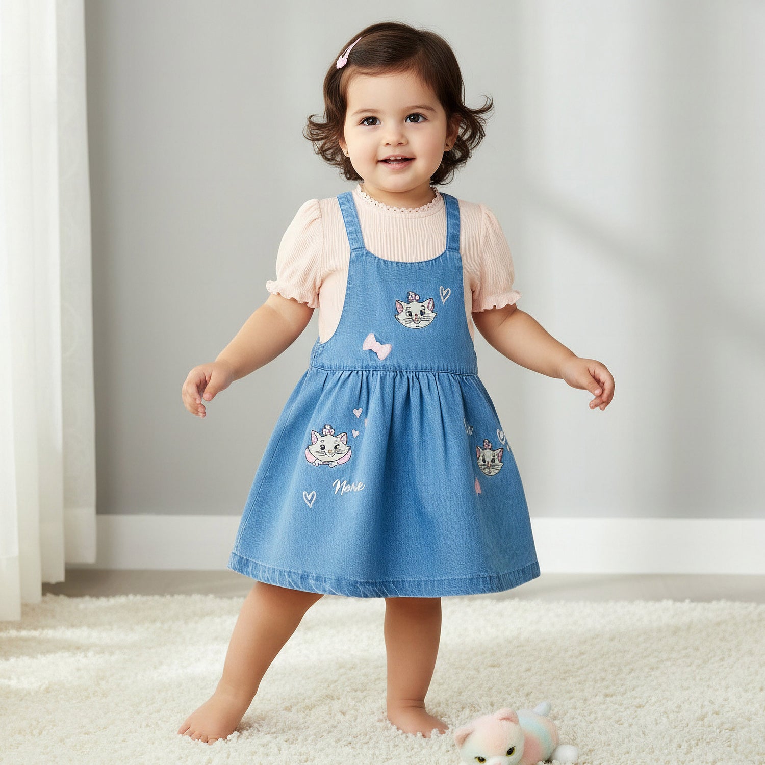 Disney Crew Neck Short Sleeves Top and Denim Pinafore Set with Marie Embroidery - Multicolour / 12-18 mths