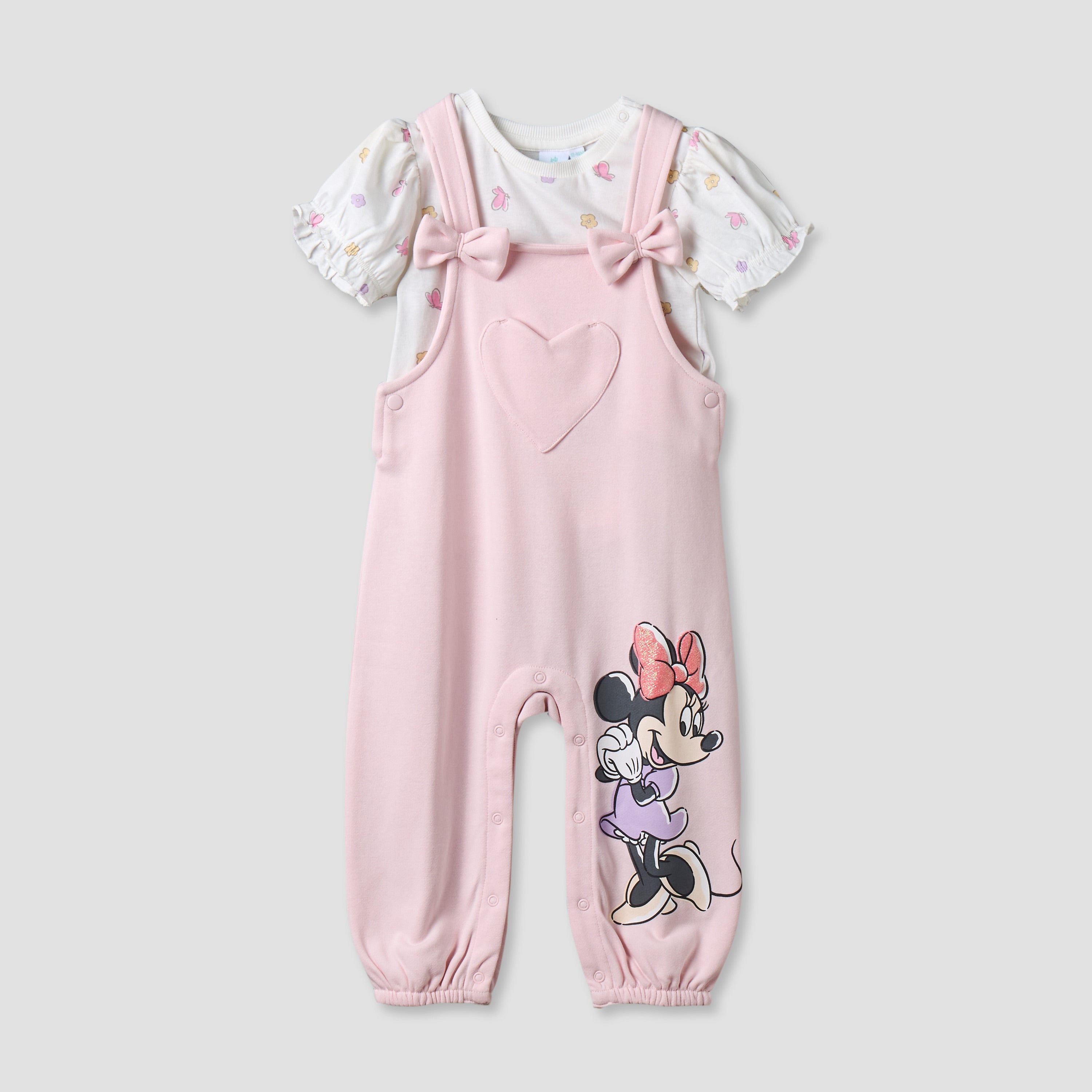 Disney Round Neck Short Sleeves T-shirt and Dungaree Set with Minnie Mouse Print
