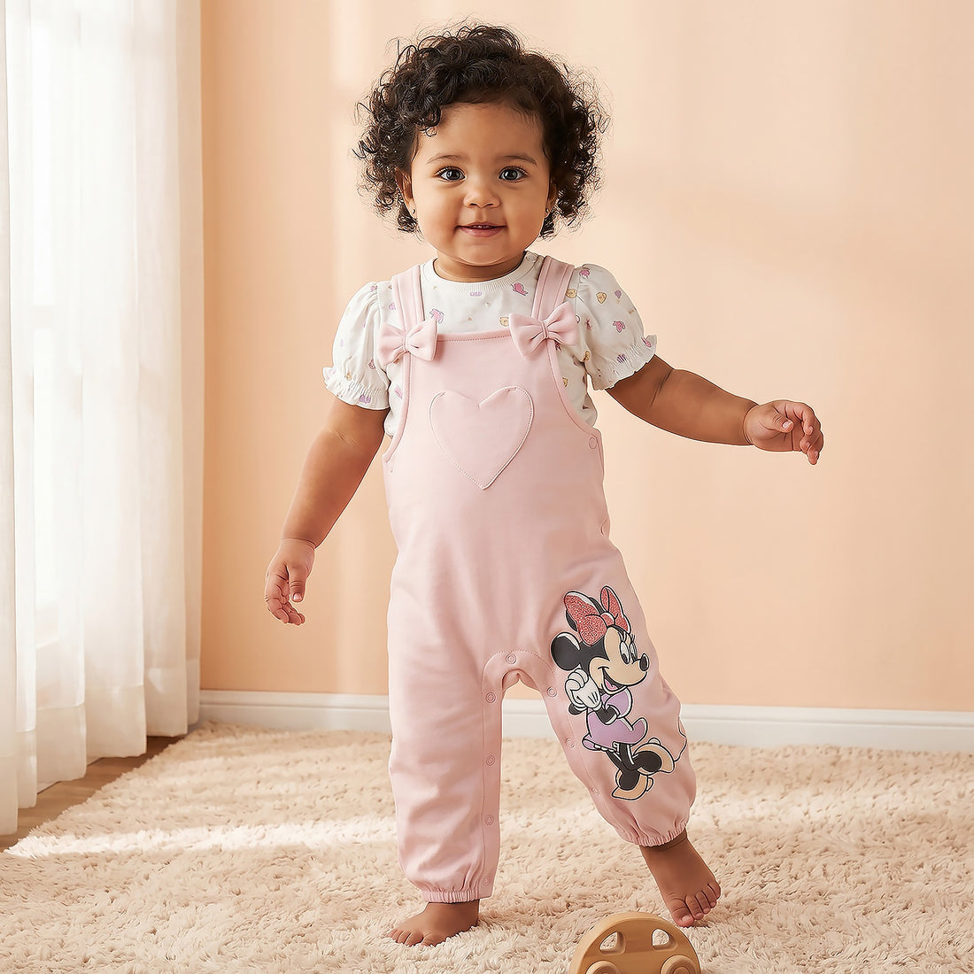 Disney Round Neck Short Sleeves T-shirt and Dungaree Set with Minnie Mouse Print - Pink / 12-18 mths