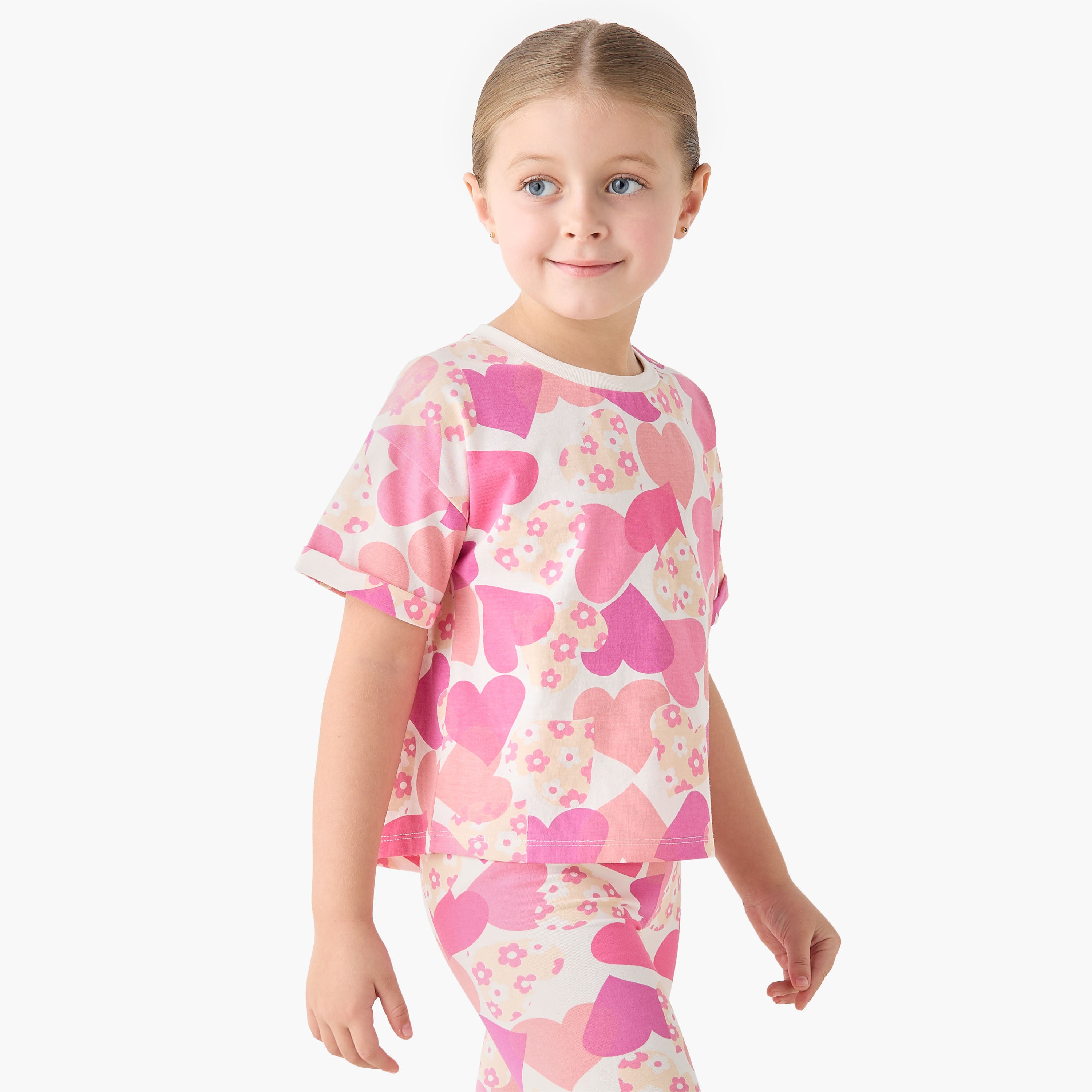 Juniors Crew Neck Short Sleeves T-shirt with Heart Print - Multicolour / 1-2 yrs