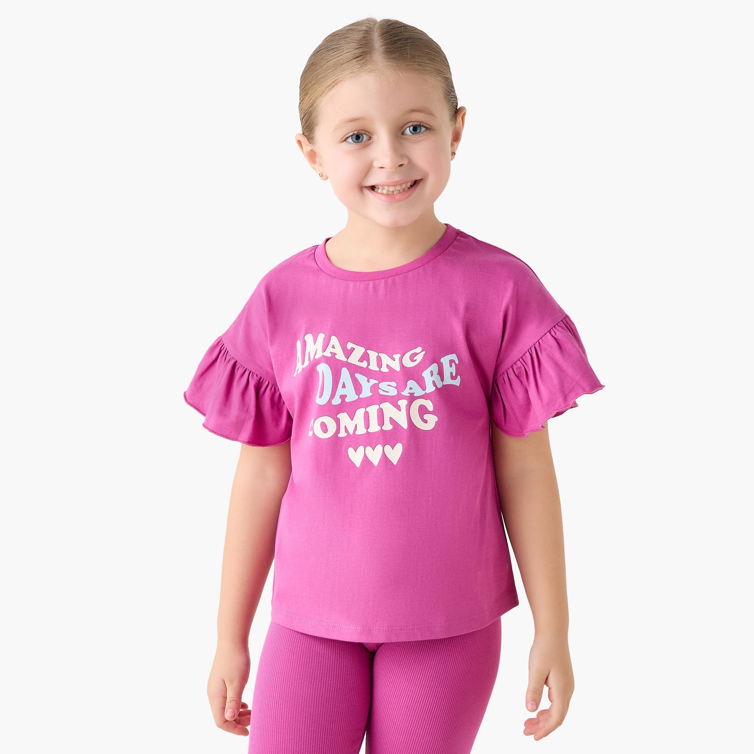 Juniors Crew Neck Short Ruffle Sleeves T-shirt with Slogan Print - Yellow / 1-2 yrs