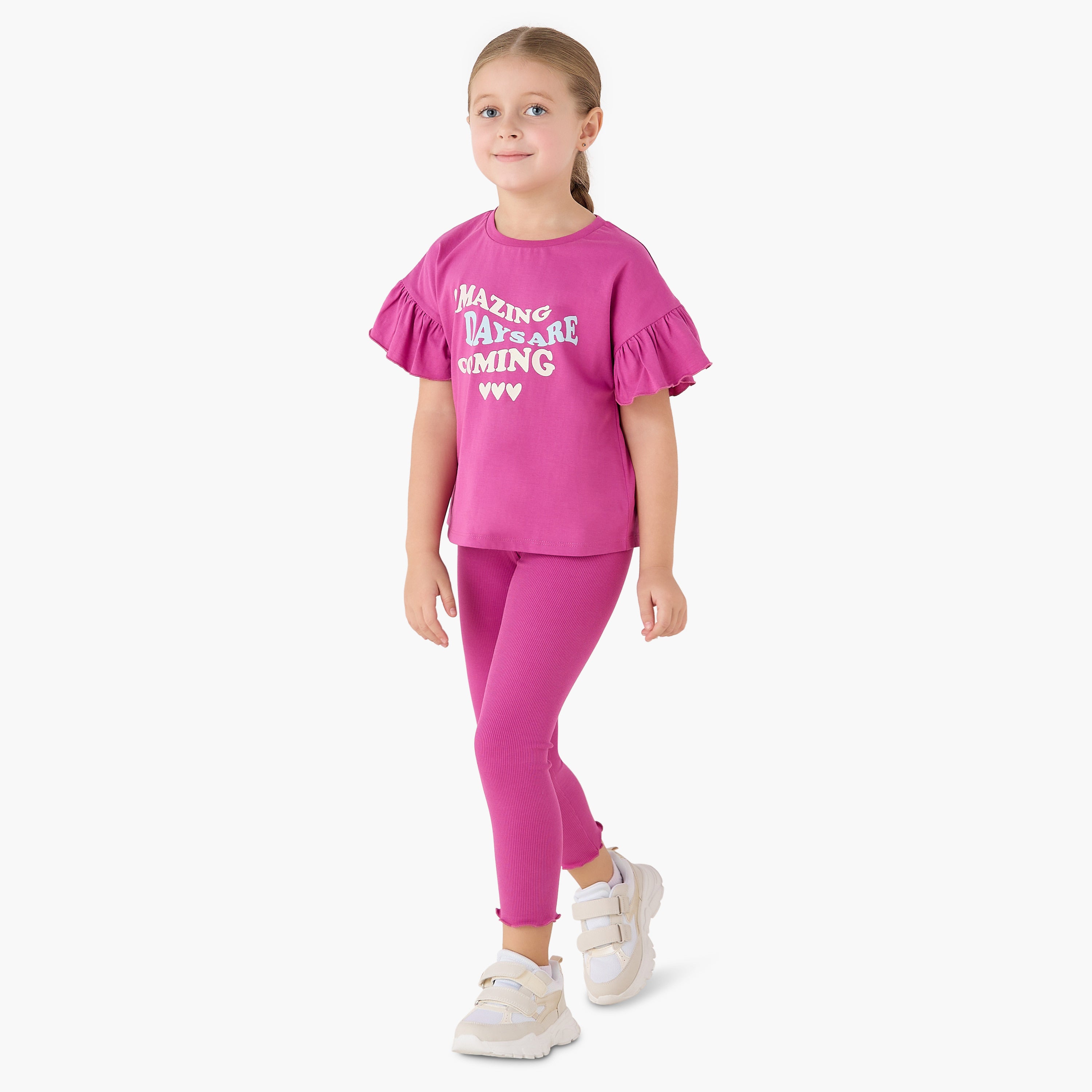 Juniors Crew Neck Short Ruffle Sleeves T-shirt with Slogan Print