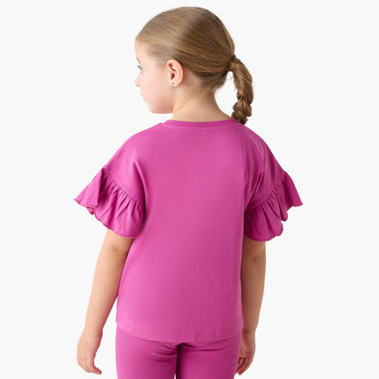 Juniors Crew Neck Short Ruffle Sleeves T-shirt with Slogan Print