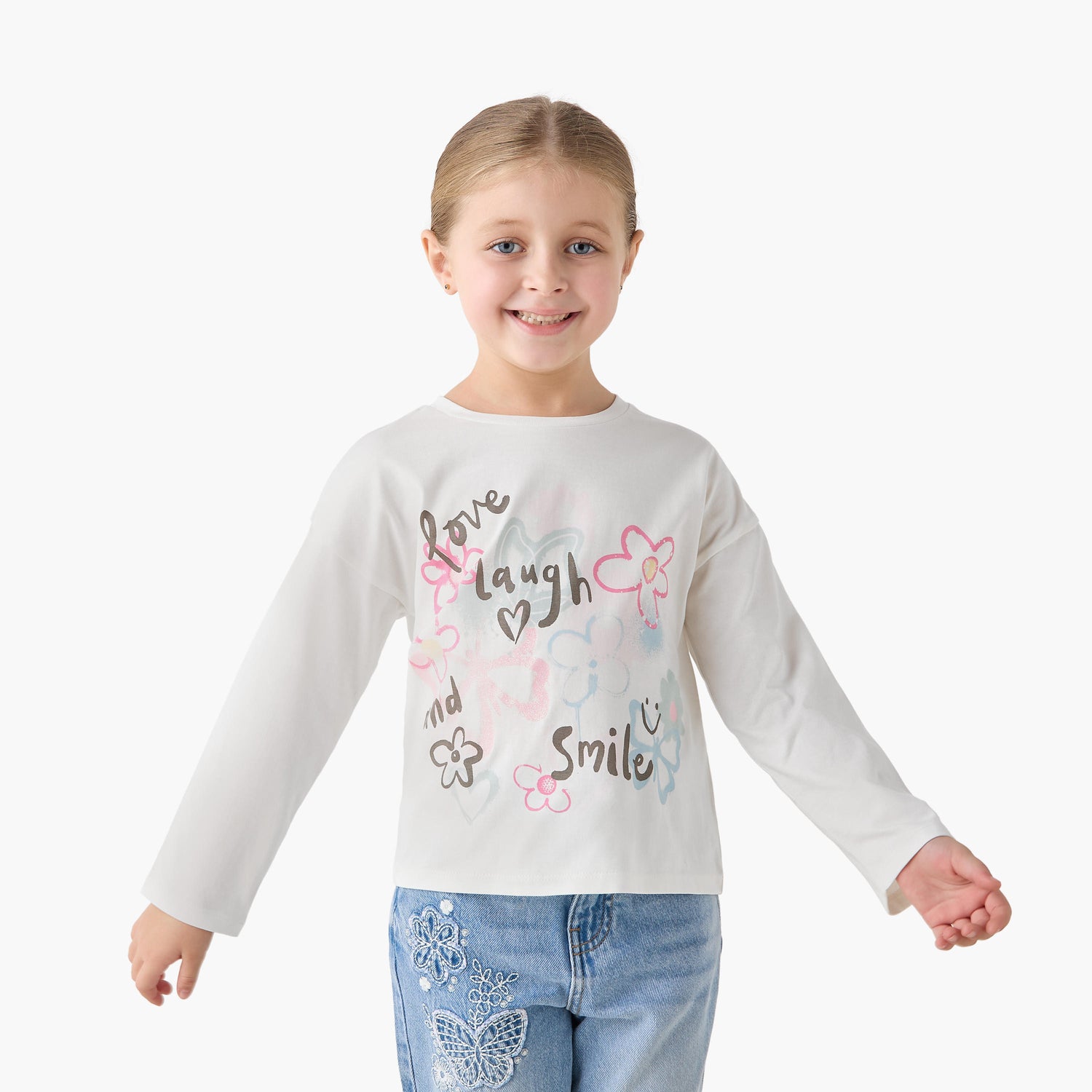 Juniors Crew Neck Long Sleeves T-shirt with Print - White / 1-2 yrs