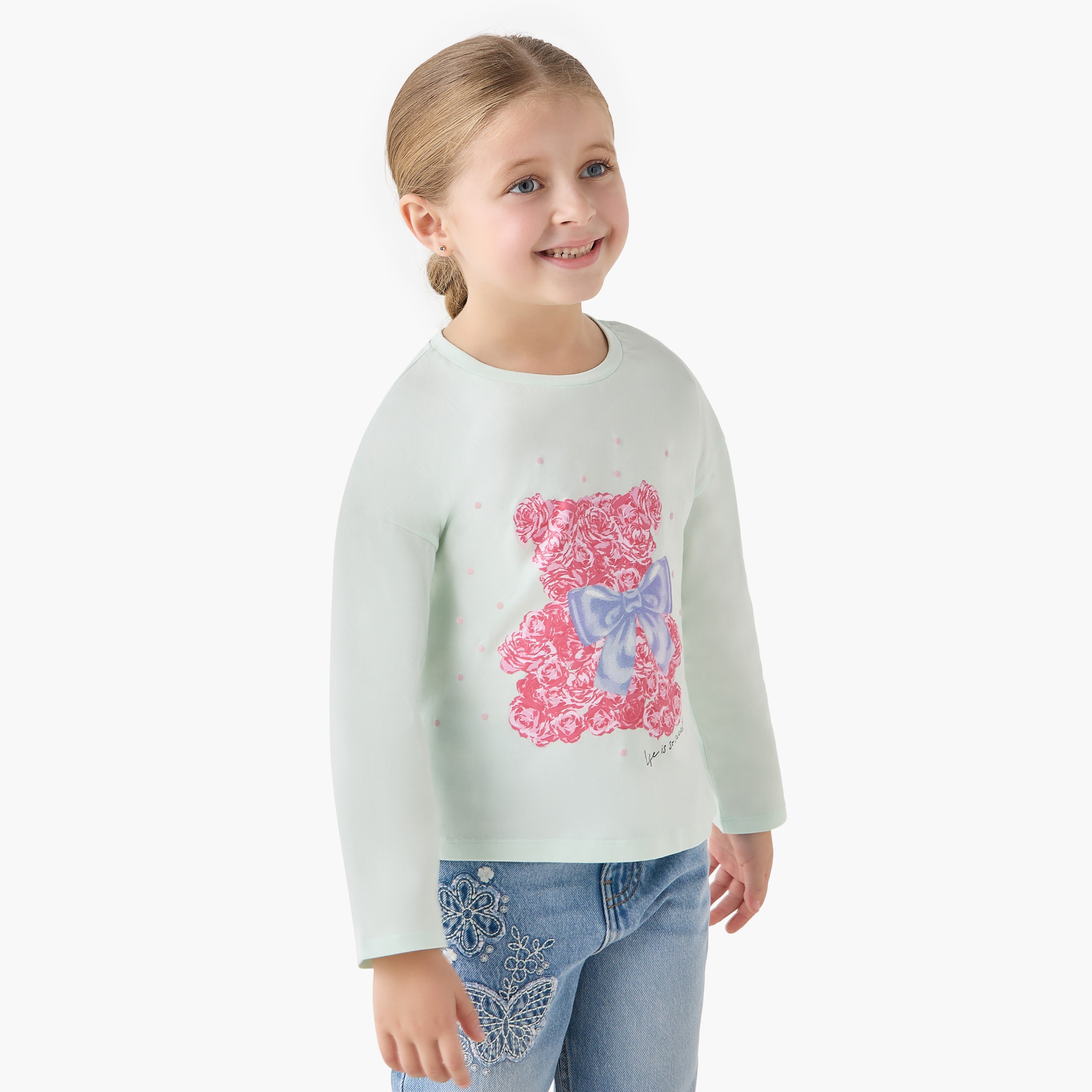 Juniors Round Neck Long Sleeve T-shirt with Bear Print - Green / 1-2 yrs