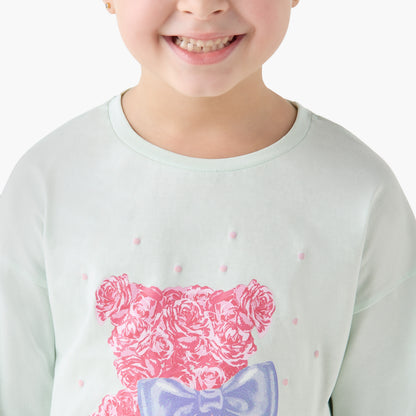Juniors Round Neck Long Sleeve T-shirt with Bear Print