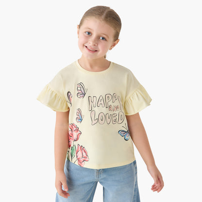 Juniors Crew Neck Short Ruffle Sleeves T-shirt with Slogan Print