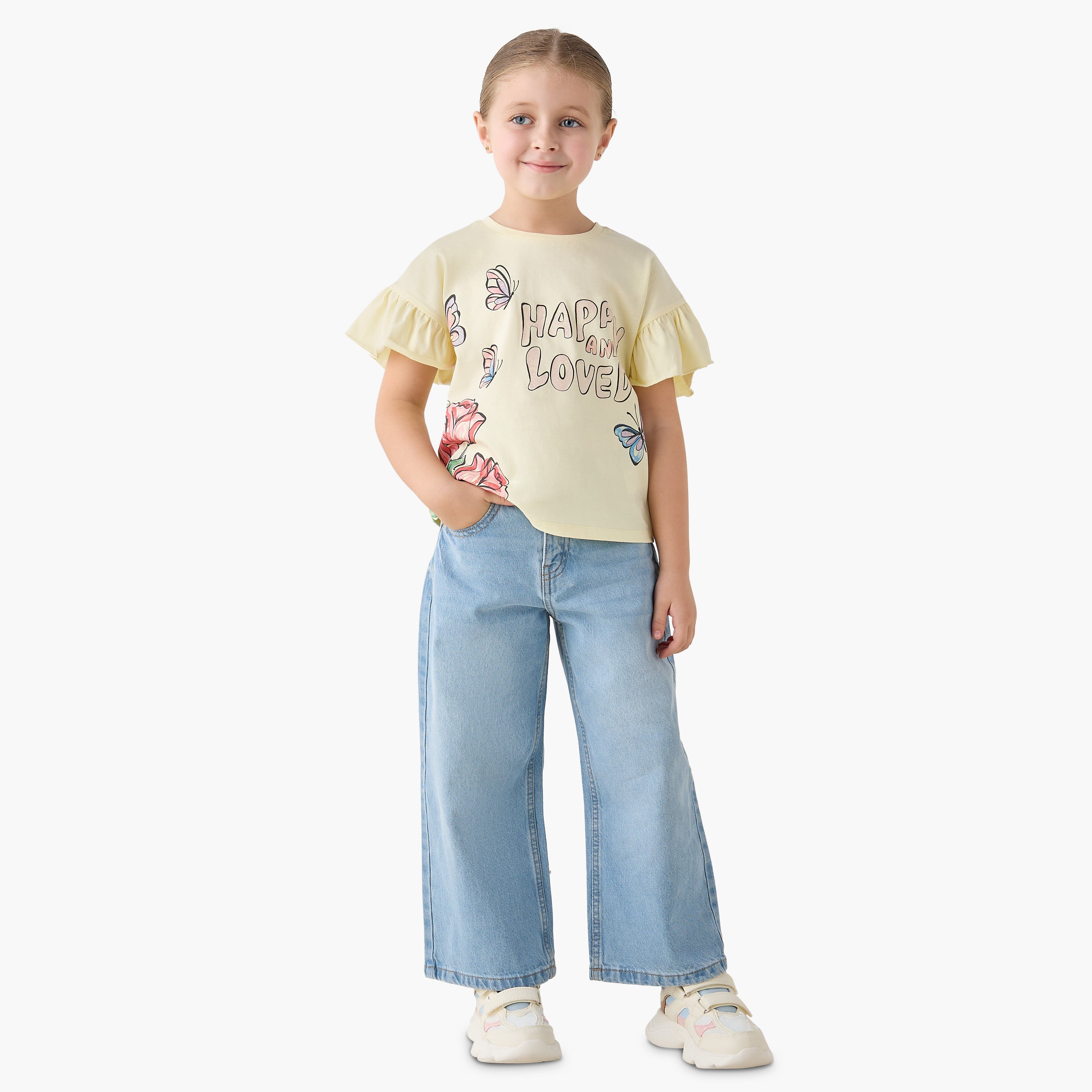 Juniors Crew Neck Short Ruffle Sleeves T-shirt with Slogan Print