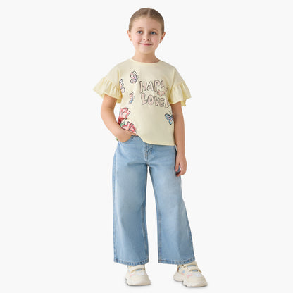 Juniors Crew Neck Short Ruffle Sleeves T-shirt with Slogan Print