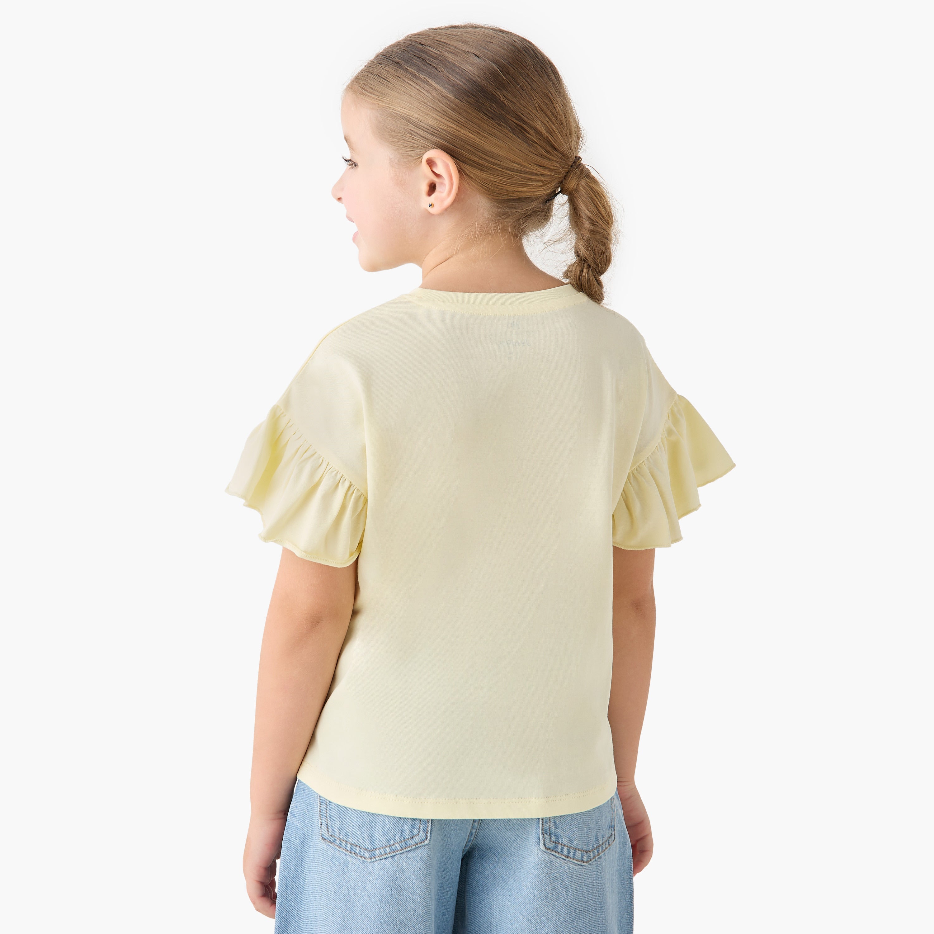 Juniors Crew Neck Short Ruffle Sleeves T-shirt with Slogan Print