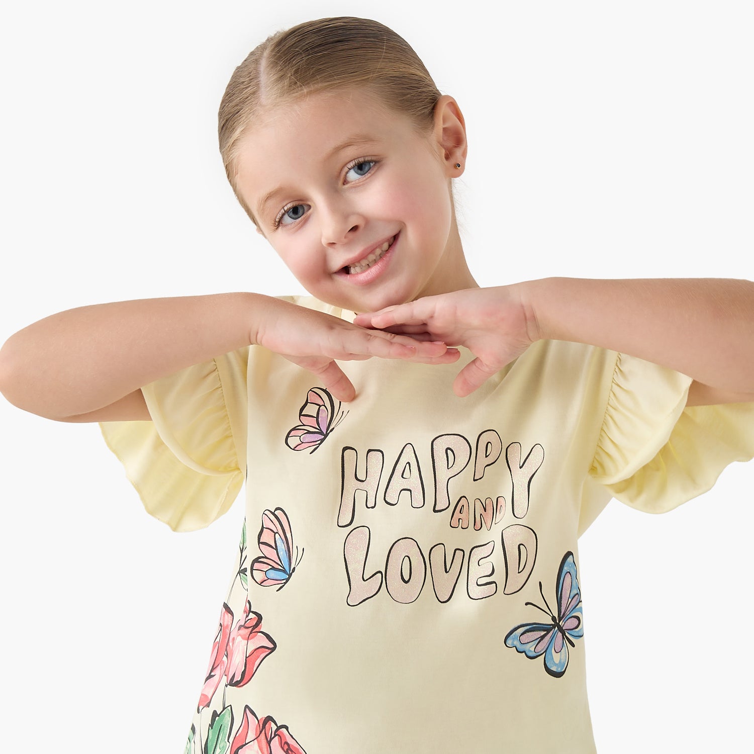 Juniors Crew Neck Short Ruffle Sleeves T-shirt with Slogan Print