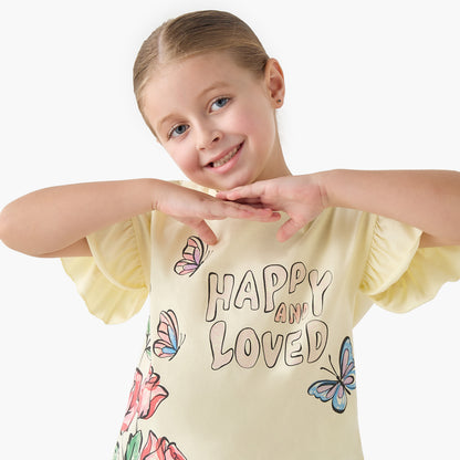 Juniors Crew Neck Short Ruffle Sleeves T-shirt with Slogan Print