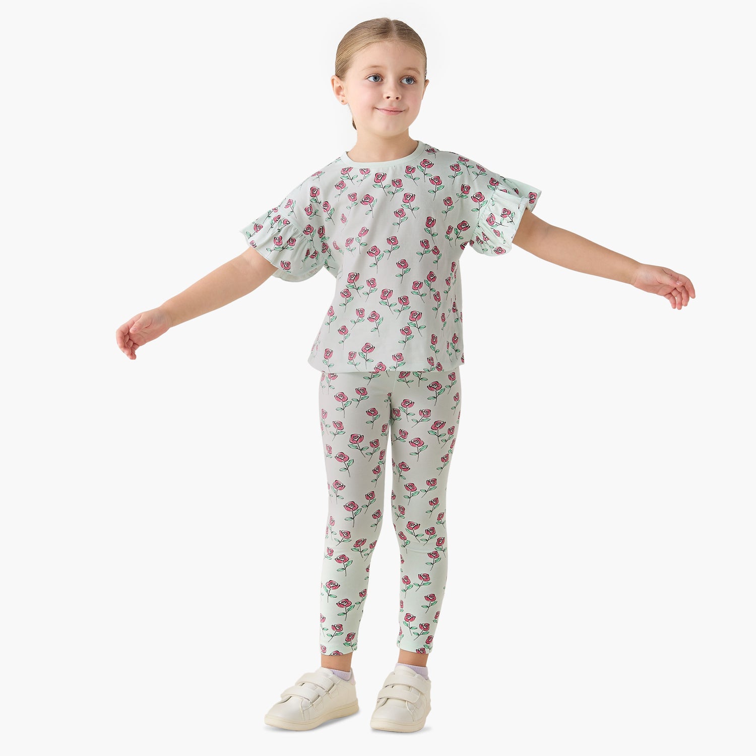 Juniors Crew Neck Short Ruffle Sleeves T-shirt with Print
