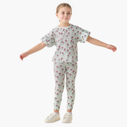 Juniors Crew Neck Short Ruffle Sleeves T-shirt with Print