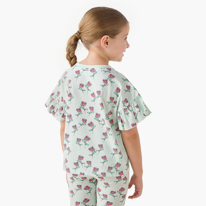 Juniors Crew Neck Short Ruffle Sleeves T-shirt with Print