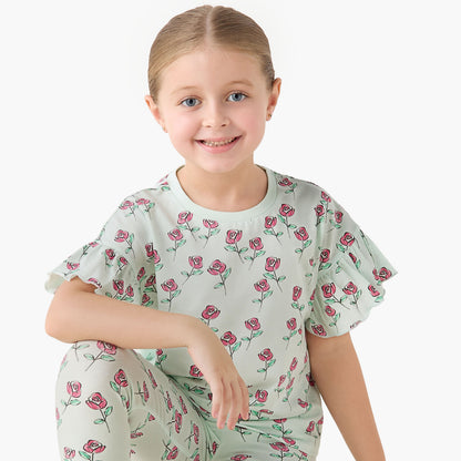 Juniors Crew Neck Short Ruffle Sleeves T-shirt with Print