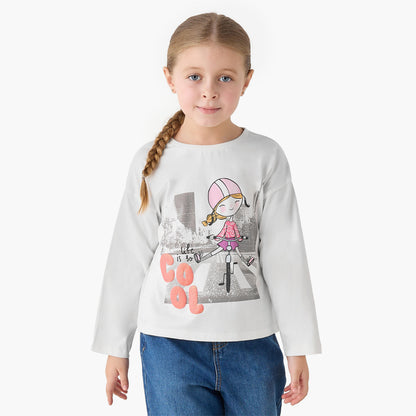 Juniors Crew Neck Long Sleeves T-shirt with Print - White / 1-2 yrs