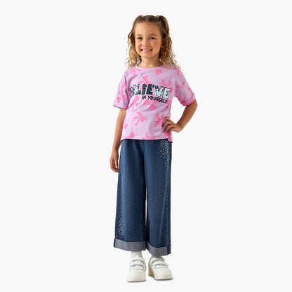 Juniors Crew Neck Short Sleeves T-shirt with Slogan Sequin Detail