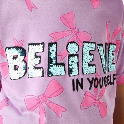 Juniors Crew Neck Short Sleeves T-shirt with Slogan Sequin Detail
