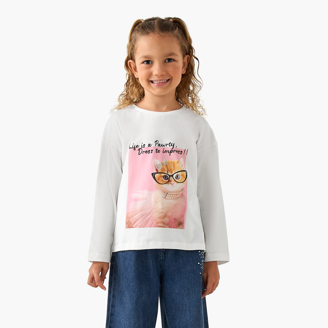 Juniors Crew Neck Long Sleeves T-shirt with Print - White / 1-2 yrs
