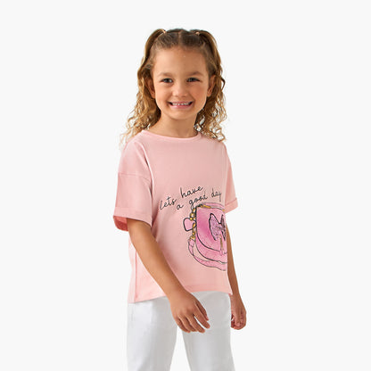 Juniors Crew Neck Short Sleeves T-shirt with Slogan Sequin Detail