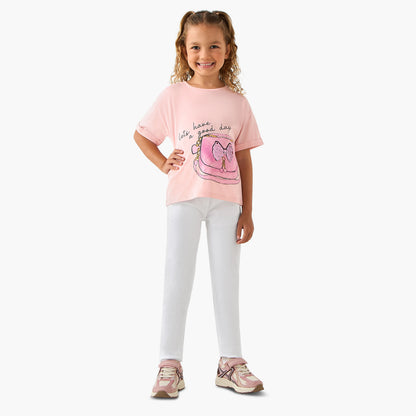 Juniors Crew Neck Short Sleeves T-shirt with Slogan Sequin Detail