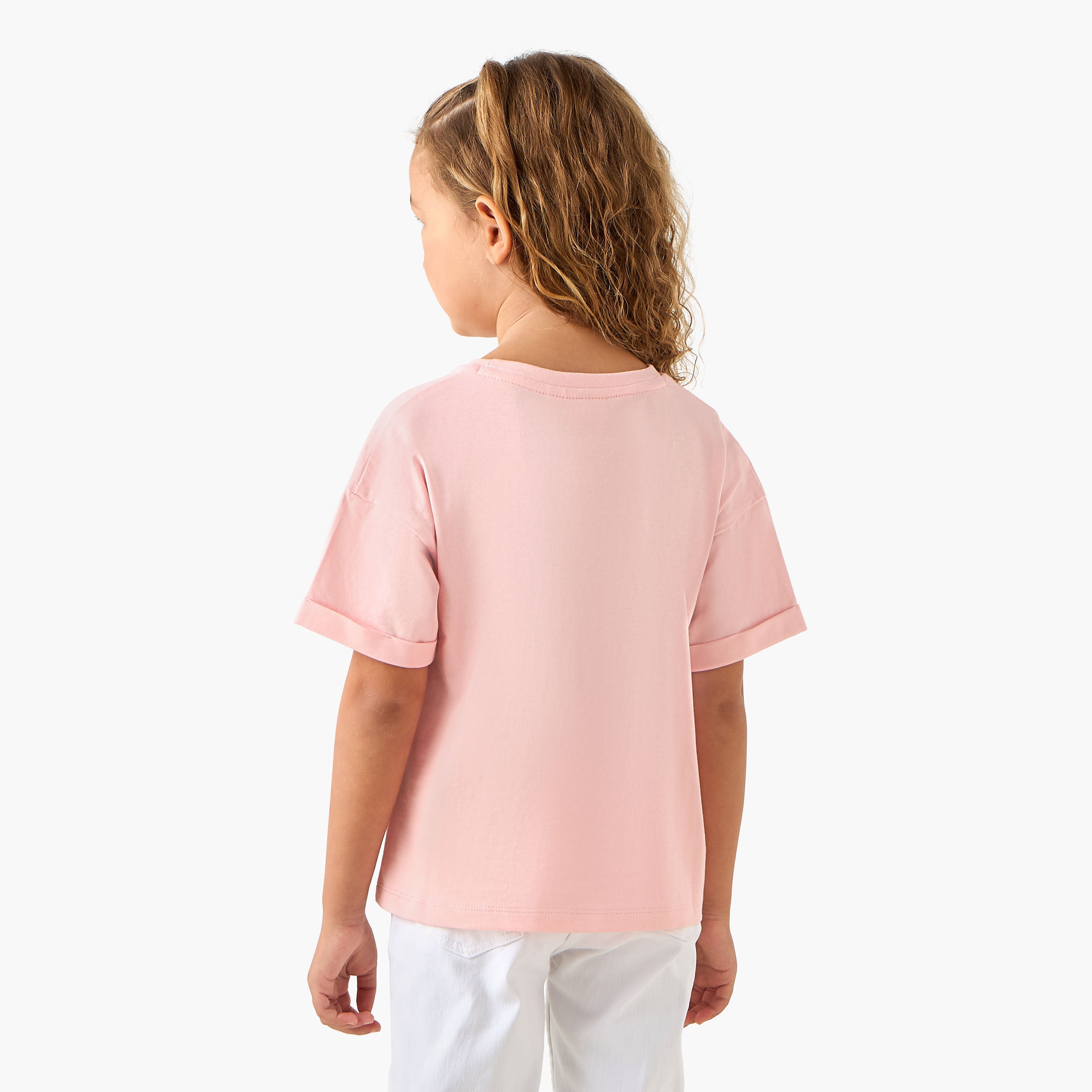 Juniors Crew Neck Short Sleeves T-shirt with Slogan Sequin Detail