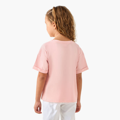 Juniors Crew Neck Short Sleeves T-shirt with Slogan Sequin Detail