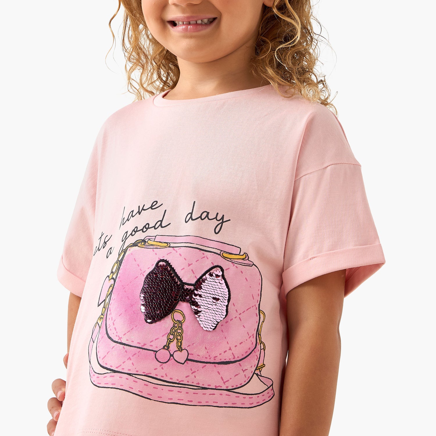 Juniors Crew Neck Short Sleeves T-shirt with Slogan Sequin Detail