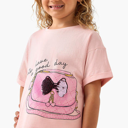 Juniors Crew Neck Short Sleeves T-shirt with Slogan Sequin Detail