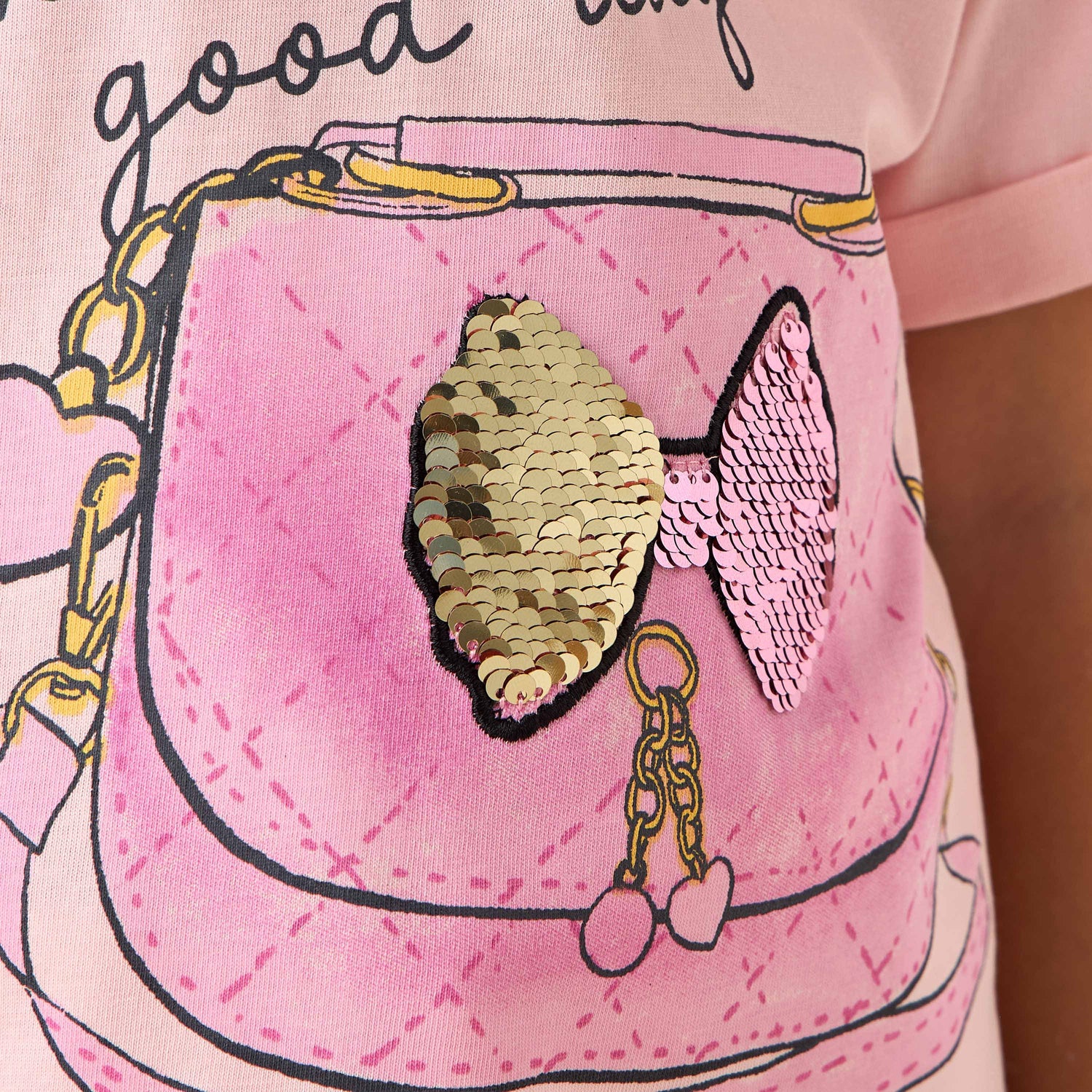 Juniors Crew Neck Short Sleeves T-shirt with Slogan Sequin Detail