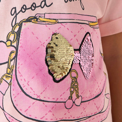 Juniors Crew Neck Short Sleeves T-shirt with Slogan Sequin Detail