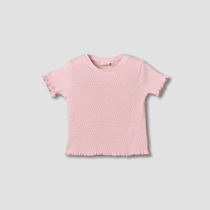 Juniors Crew Neck Short Sleeves T-shirt with Ribbed Design - Pink / 1-2 yrs