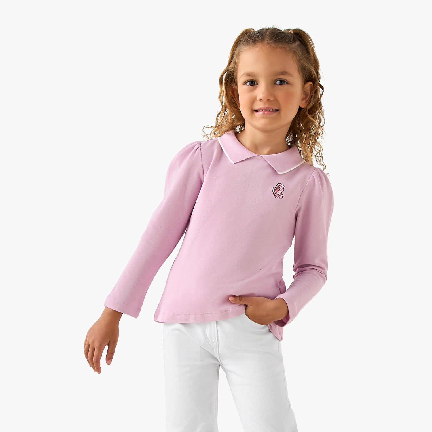 Juniors Collared Long Sleeves Polo T-shirt with Butterfly Embroidery - Pink / 1-2 yrs