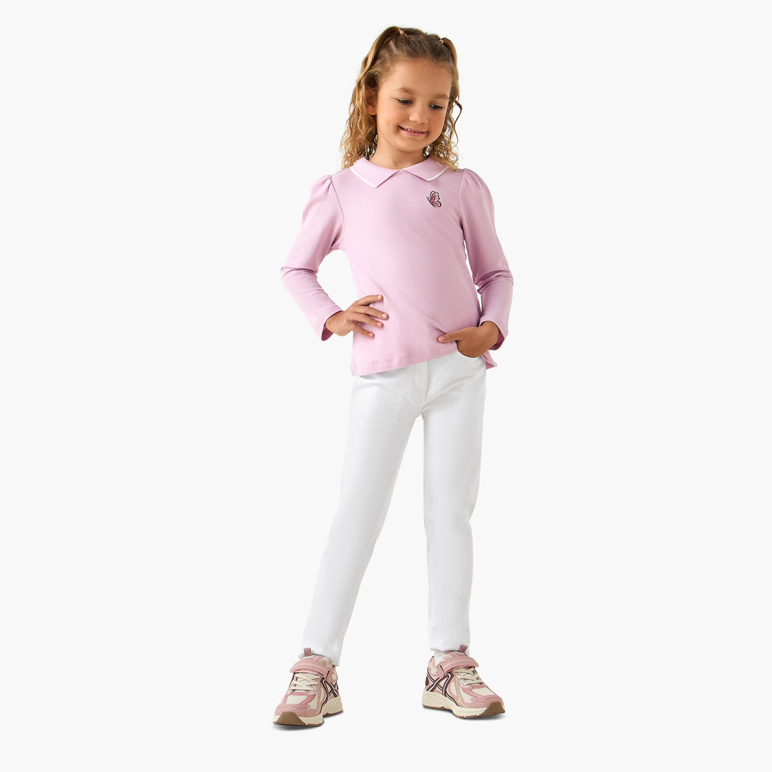 Juniors Collared Long Sleeves Polo T-shirt with Butterfly Embroidery