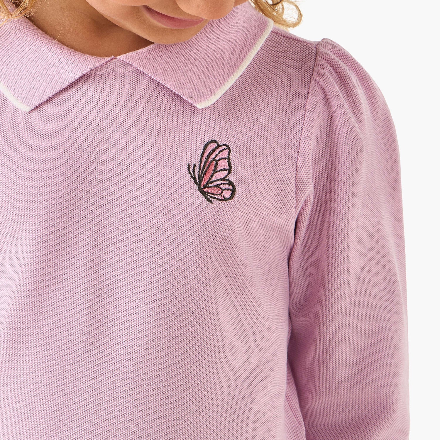 Juniors Collared Long Sleeves Polo T-shirt with Butterfly Embroidery