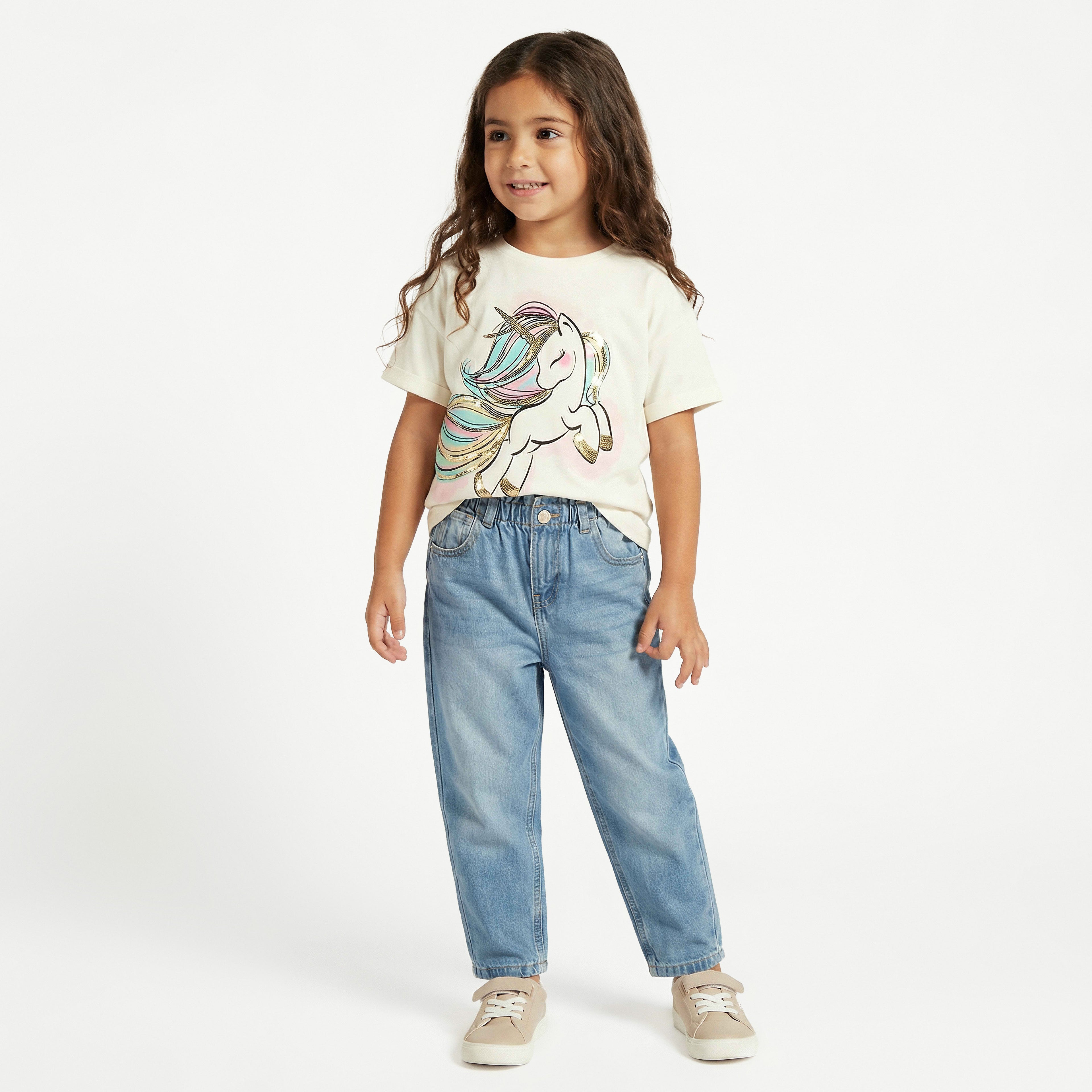 Juniors Round Neck Short Sleeves T-shirt with Unicorn Sequin Detail