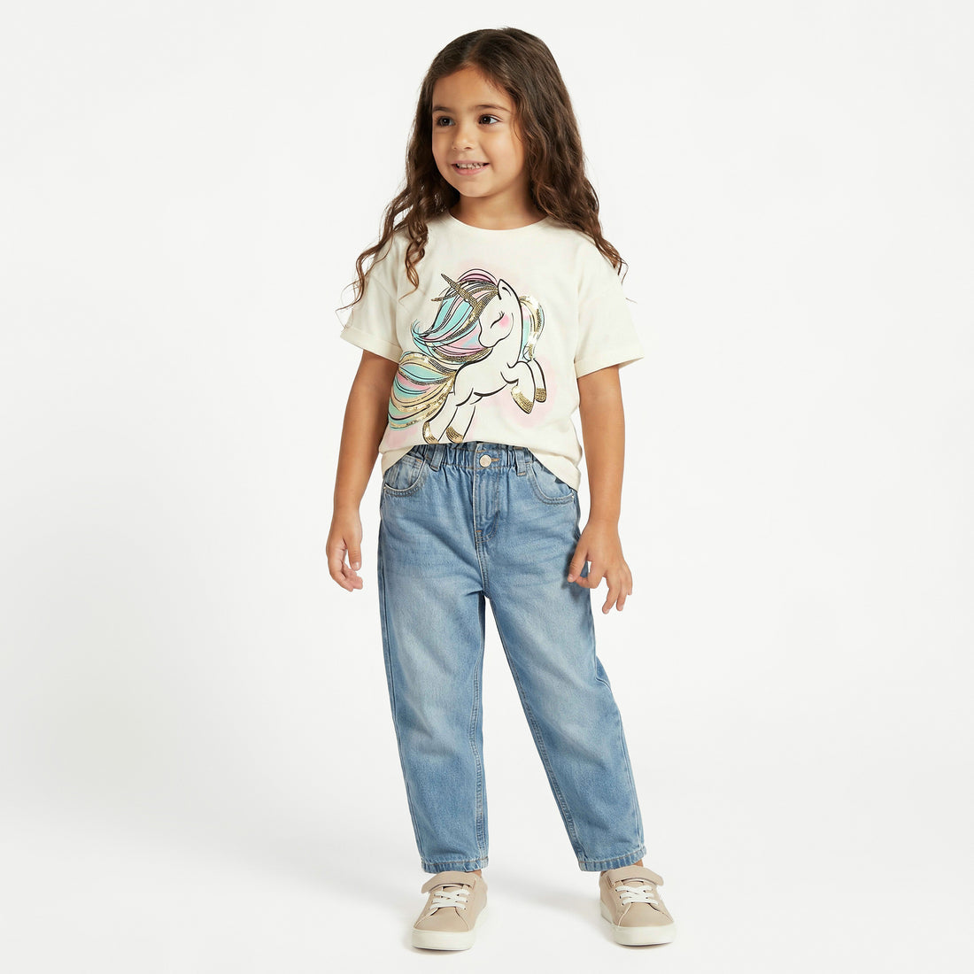 Juniors Round Neck Short Sleeves T-shirt with Unicorn Sequin Detail - White / 1-2 yrs