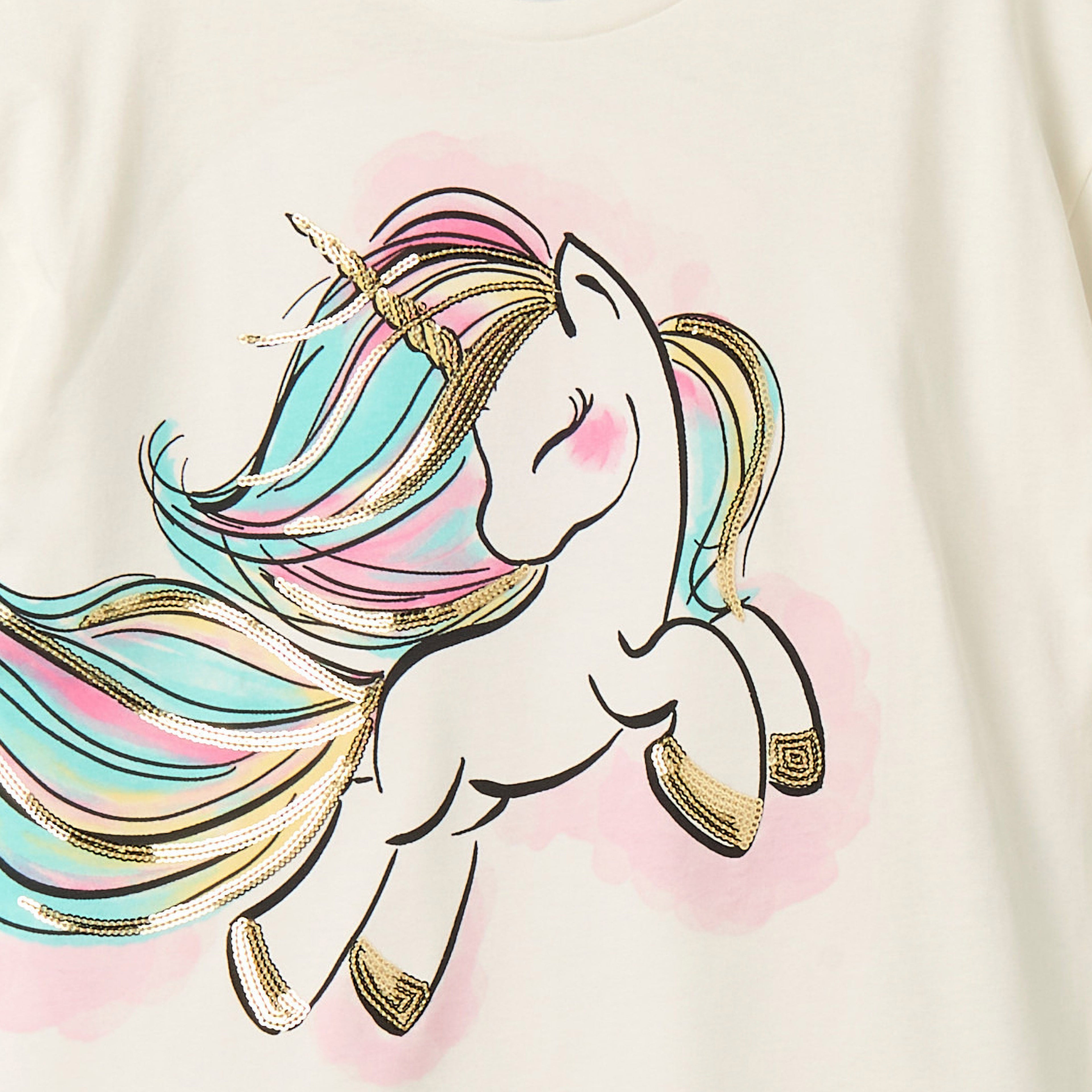 Juniors Round Neck Short Sleeves T-shirt with Unicorn Sequin Detail