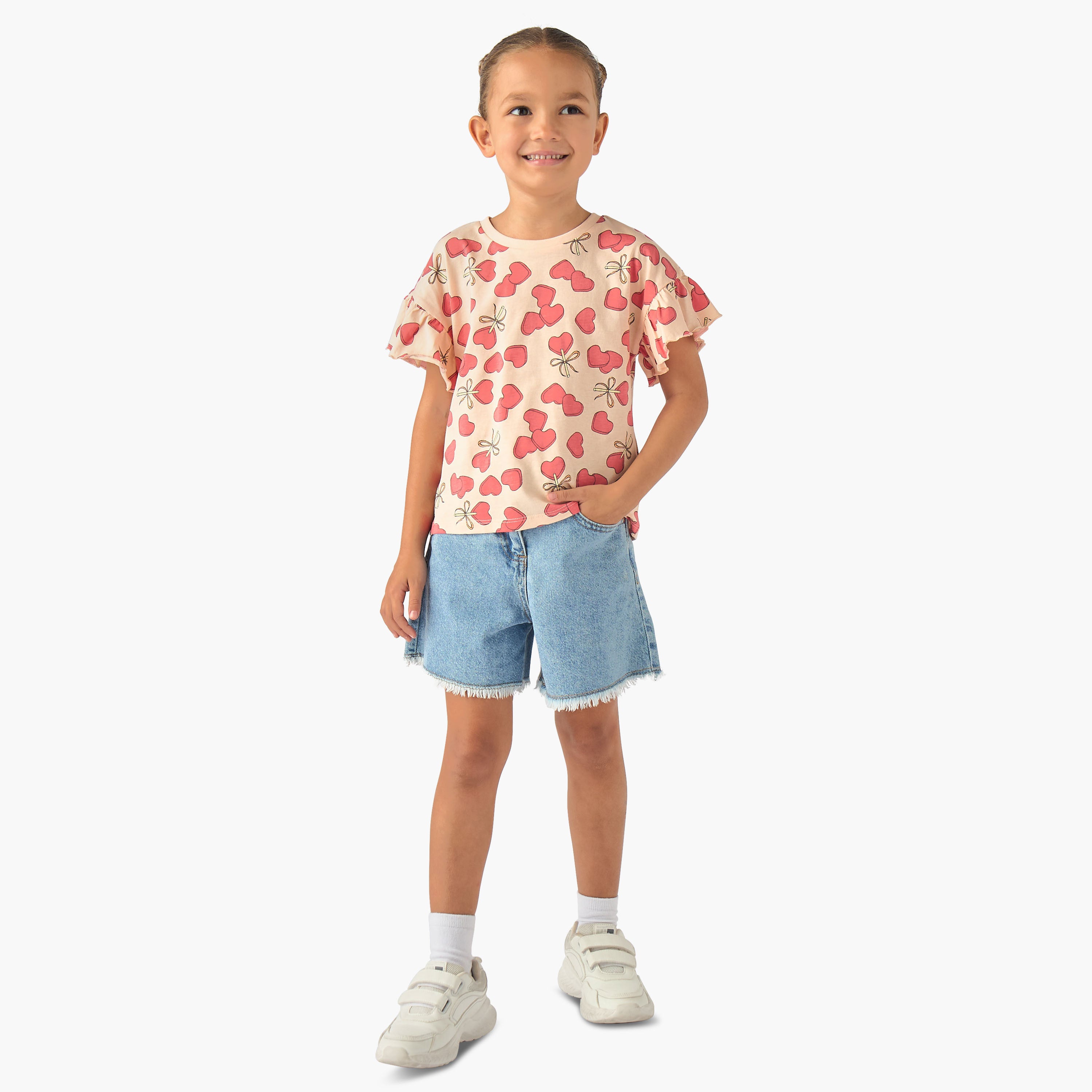 Juniors Crew Neck Short Ruffle Sleeves T-shirt with Print